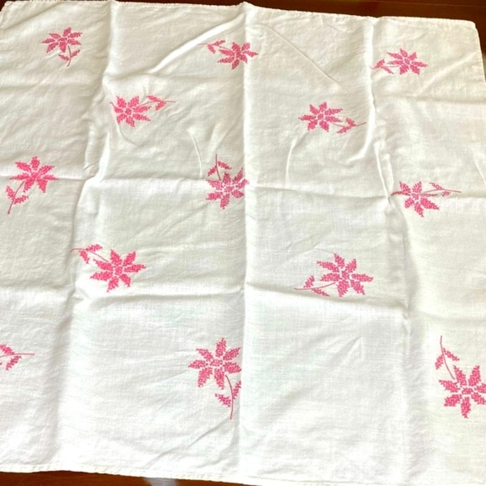 Handmade Linen Cross Stitch Raspberry and Pink Floral Tablecloth